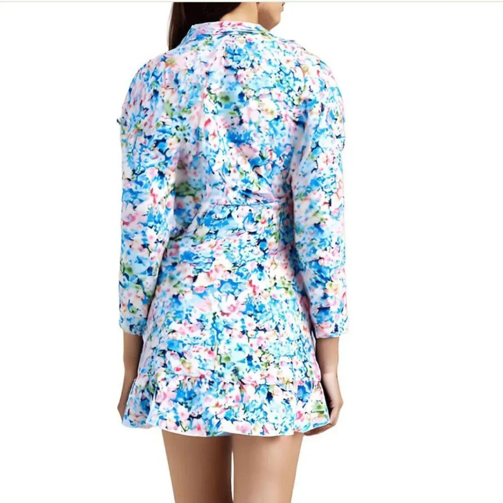 NWOT Bar III Women's Blue Floral-Print Ruffled Tie-Waist Wrap Dress